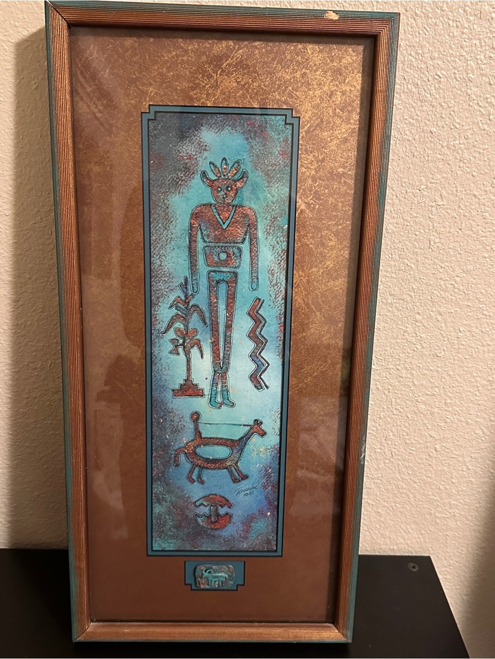 Vintage 1993 Cleo Teissedre Framed Southwest Kachina Petroglyph Watercolor Print
